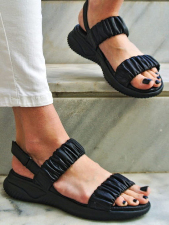 Leather Women's Flat Sandals with Strap in Black Color