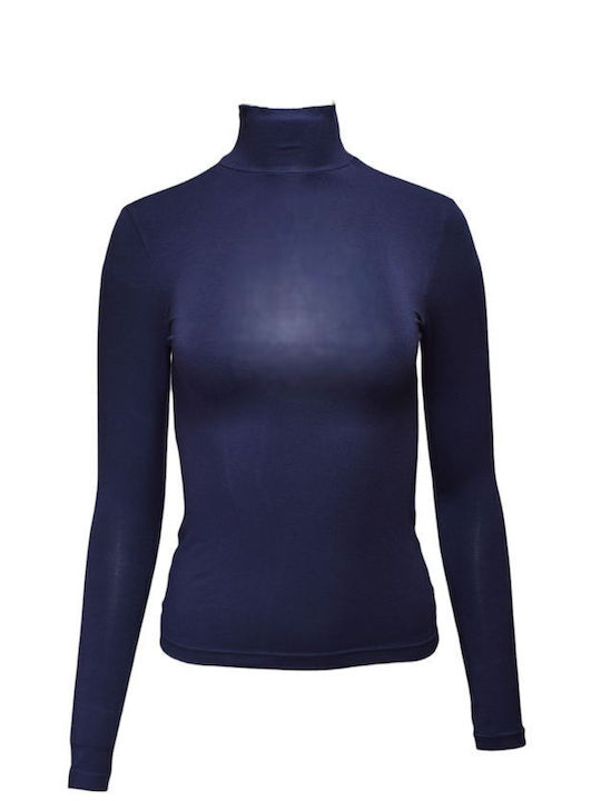 Apple Boxer Women's Blouse Long Sleeve Turtleneck Navy Blue