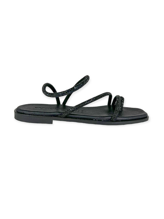 Gkavogiannis Sandals Leder Damen Flache Sandalen in Schwarz Farbe