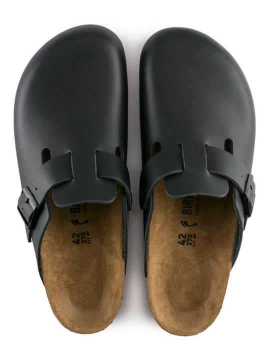 Birkenstock Boston NL Γυναικεία Δερμάτινα Ανατομικά Σαμπό Μαύρα