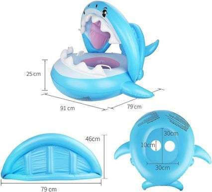 Kids Swimtrainer Float with Length 95cm and Sunshade for 3 Years and Up Light Blue Shark Shark