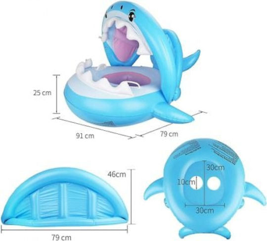 Kids Swimtrainer Float with Length 95cm and Sunshade for 3 Years and Up Light Blue Shark Shark