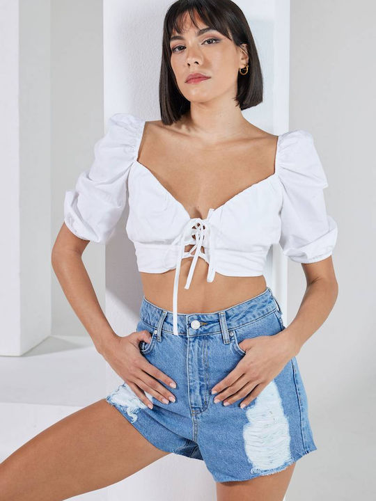 Juicy Women's Summer Crop Top with 3/4 Sleeve & V Neckline White