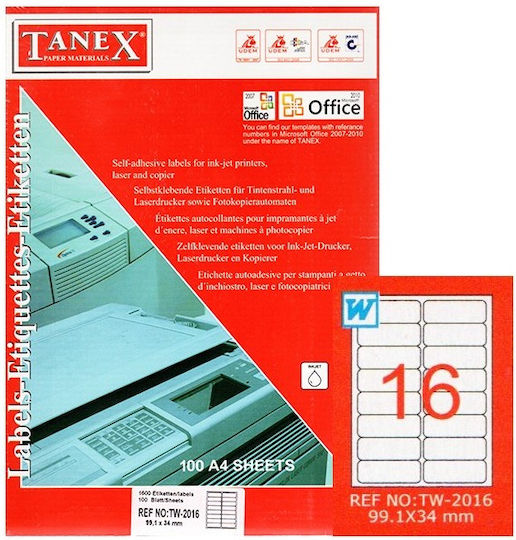 Tanex 1600 Αυτοκόλλητες Ετικέτες Α4 Ορθογώνιες 99.1x34mm