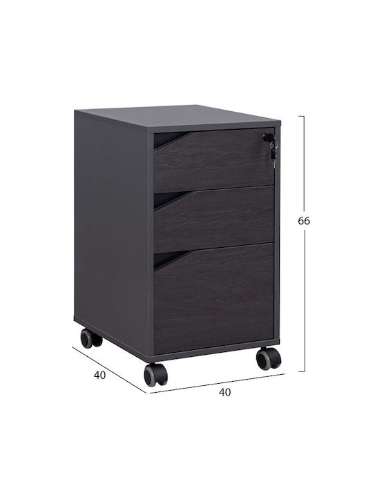 Office Storage Chipboard Drawer with Wheels, Lock & 3 Drawers Wenge L40xW40xH66cm
