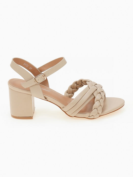 Issue Fashion Women's Sandals with Ankle Strap Beige with Chunky Medium Heel