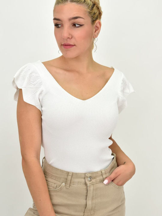 Potre Women's Summer Blouse Short Sleeve with V Neckline White