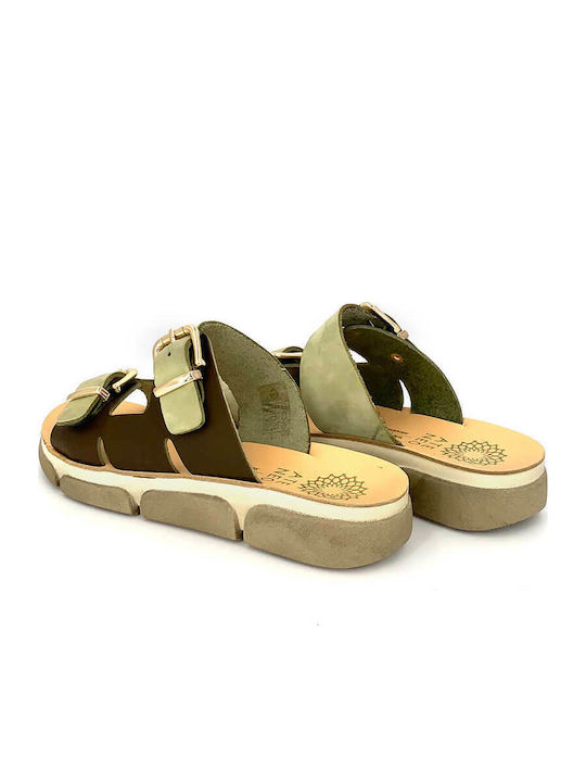 Leather Women's Flat Sandals in Khaki Color