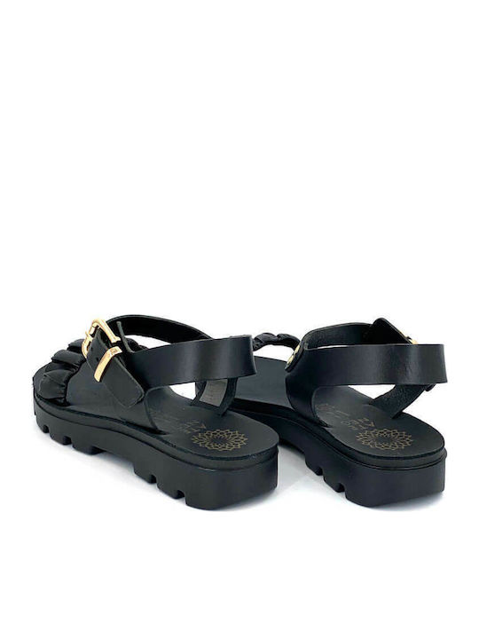Leather Women's Flat Sandals in Black Color