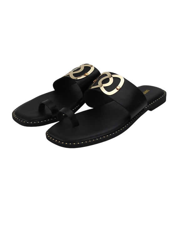 Diamantique Leather Women's Flat Sandals in Black Color