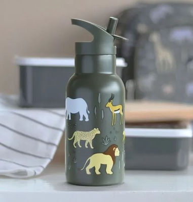 A Little Lovely Company Kids Stainless Steel Thermos Water Bottle with Straw Savanna Green 350ml