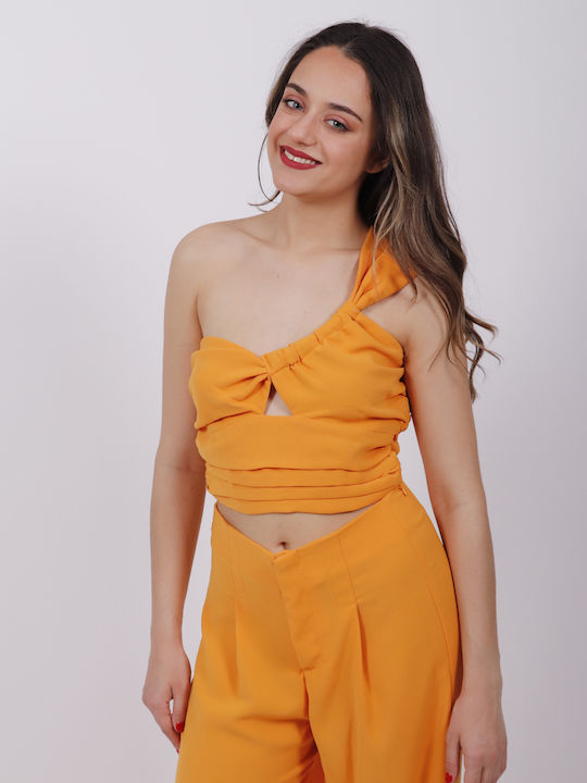 MY T Damen Sommer Crop Top mit einem Schulter Orange