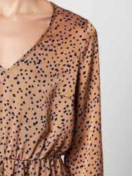 Damen Bluse Langärmelig mit V-Ausschnitt Polka Dot Beige