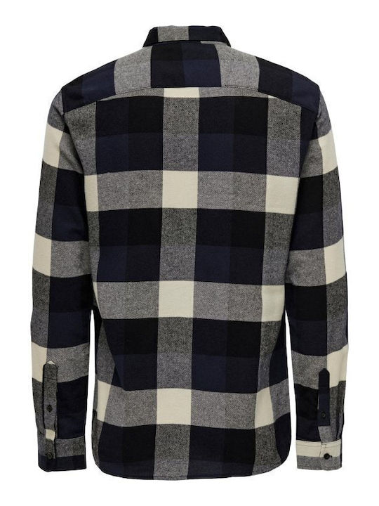 Long-sleeved Flannel Shirt Checked Navy Blue
