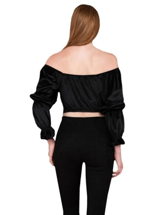 E-shopping Avenue Women's Crop Top Velvet Long Sleeve Black