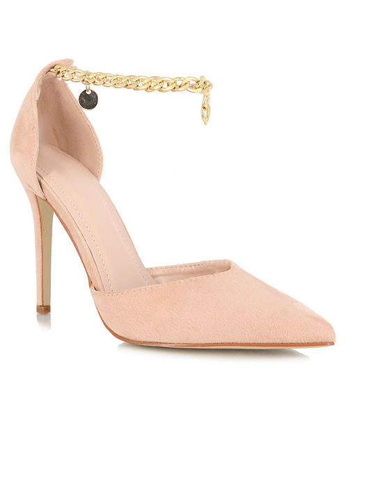 Malesa Suede Pointed Toe Beige Heels with Strap -NUDE