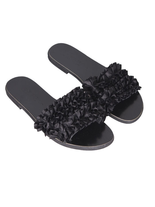 Fashion Beads Leather Women's Flat Sandals in Black Color