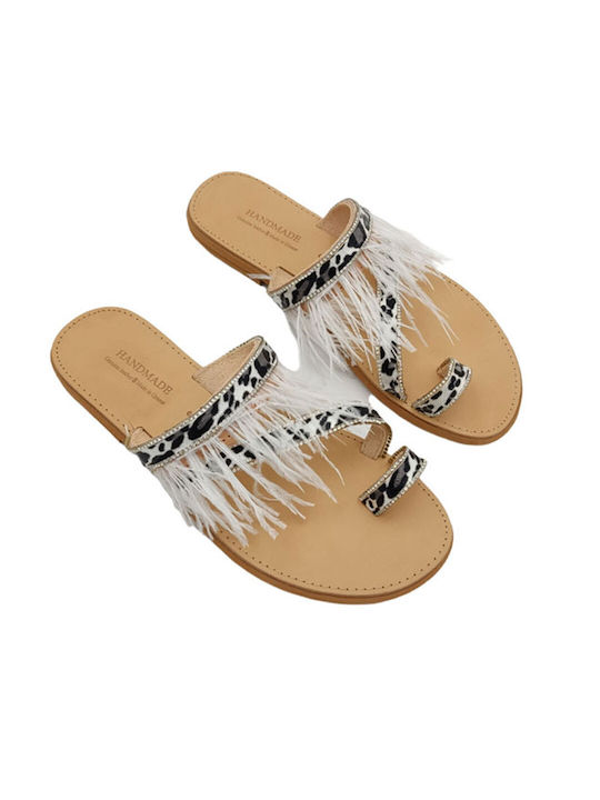 Fashion Beads Leather Women's Flat Sandals in White Color