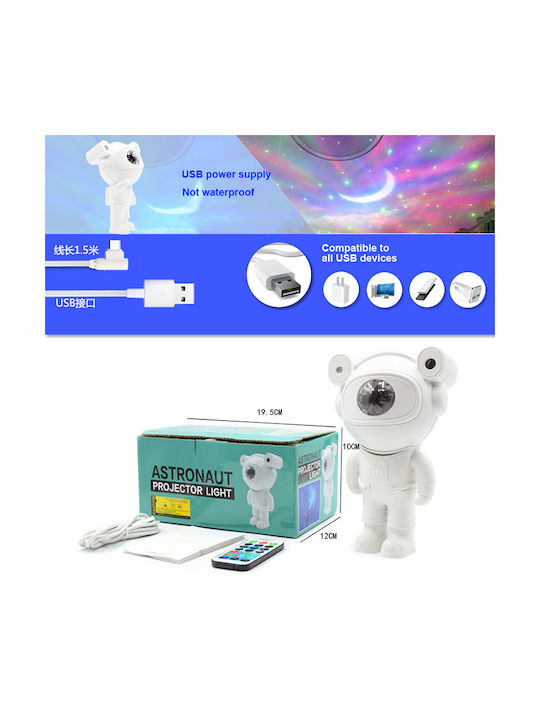 Lumini LED Rotativ Lampă de proiecție pentru copii Astronaut cu Proiecție de Stele Alb 24εκ.