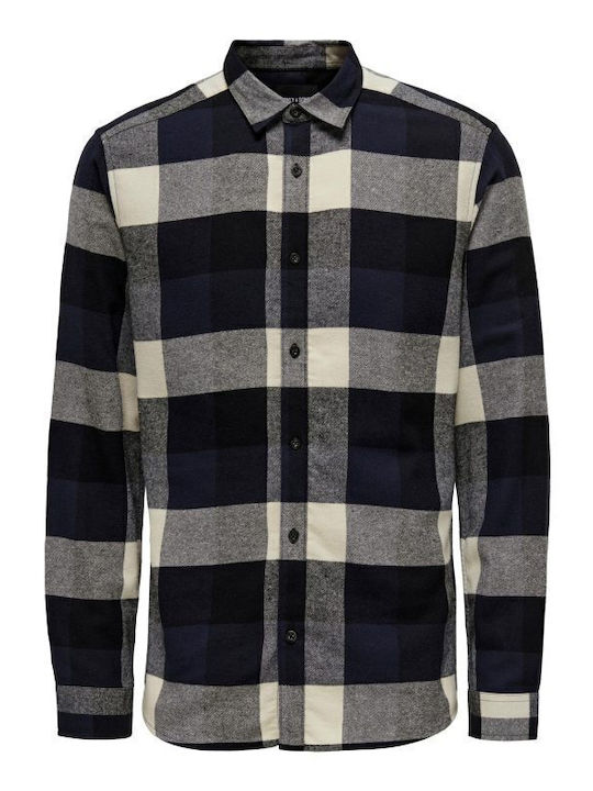 Long-sleeved Flannel Shirt Checked Navy Blue