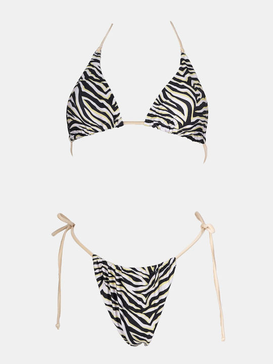 Set Bikini Triunghi Cu Burete Detașabil Animal Print Bej