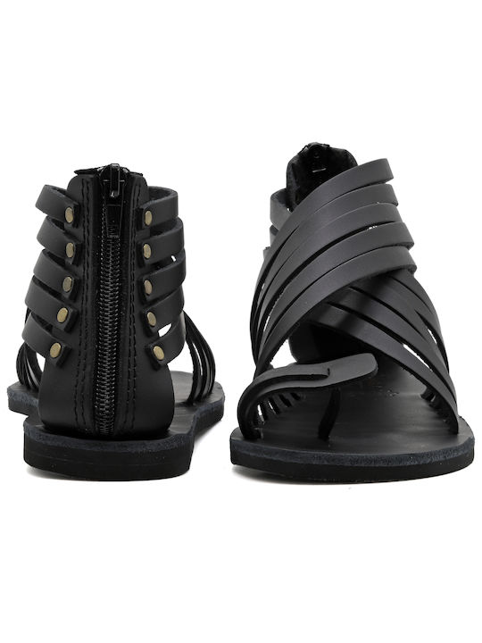 Leder Flache Sandalen Für Damen Schwarz