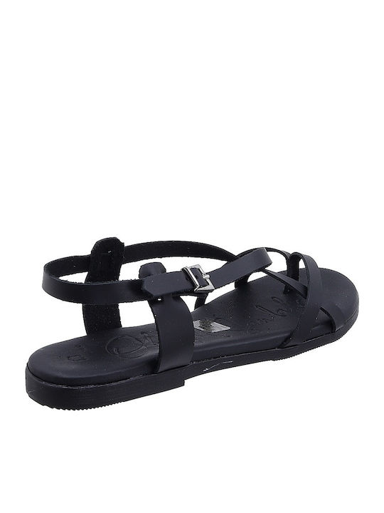 Leather Women's Flat Sandals in Black Color