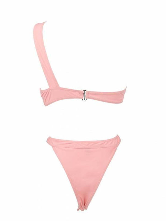 Set Bikini Un Umăr Cu Burete Detașabil Talie Înaltă Roz