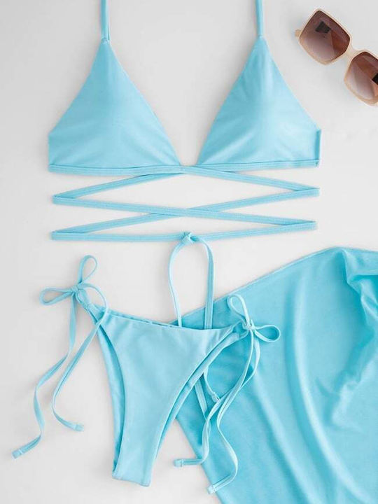 Set Bikini 3 Pieces Triangle with Removable Padding and Brazil High Waist Light Blue