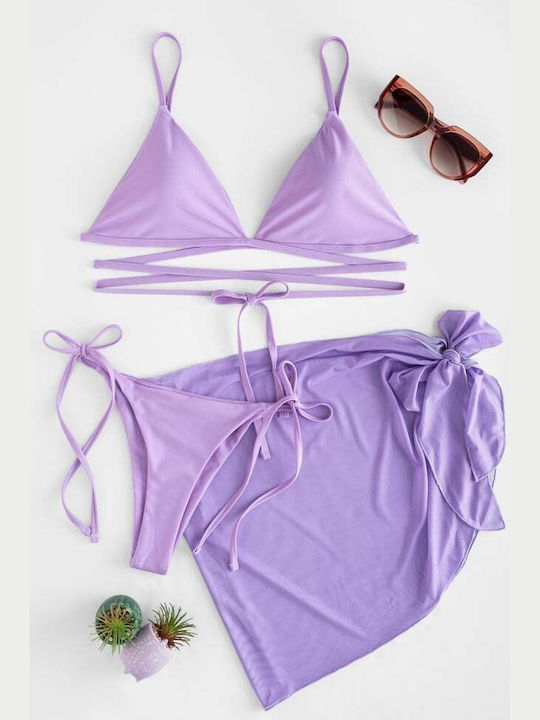 Set Bikini 3 Pieces Triangle with Removable Padding and Brazil High Waist Lilac