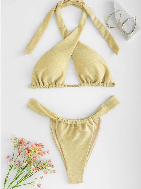 Set Bikini Triangle with Removable Padding and Brazil High Waist Beige
