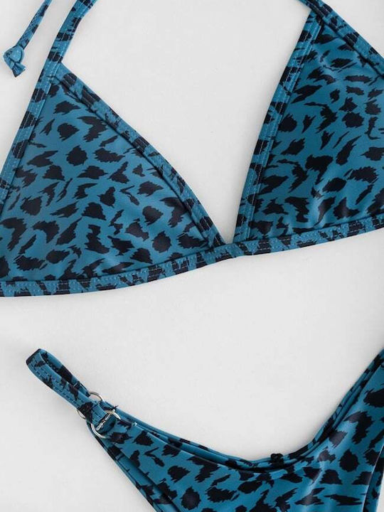 Set Bikini Triunghi Cu Burete Detașabil Animal Print Albastru