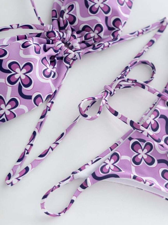 Bikini-Set 3 Stücke mit Abnehmbarer Verstärkung Brasilien Blumen Lila