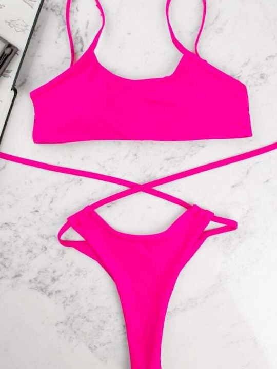 Set Bikini Sport-BH mit Abnehmbarer Verstärkung & Zeichenfolge Hohe Taille Fuchsie