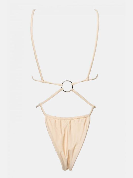 Set Bikini Triunghi Cu Burete Detașabil Talie Înaltă Bej