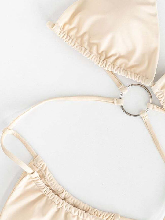 Set Bikini Triunghi Cu Burete Detașabil Talie Înaltă Bej
