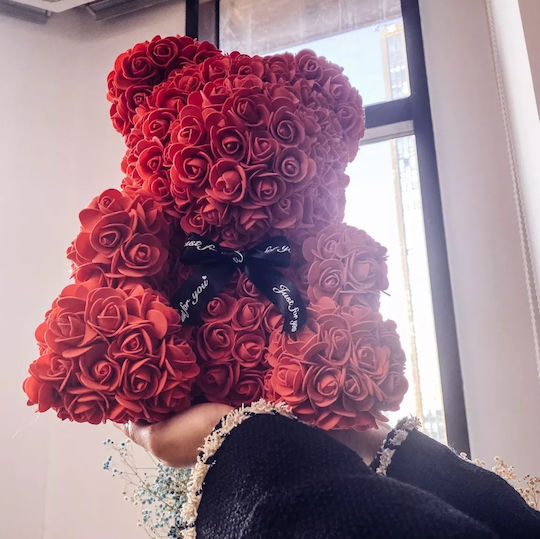 Bear of Artificial Roses Red 40cm in Box Tres Chic