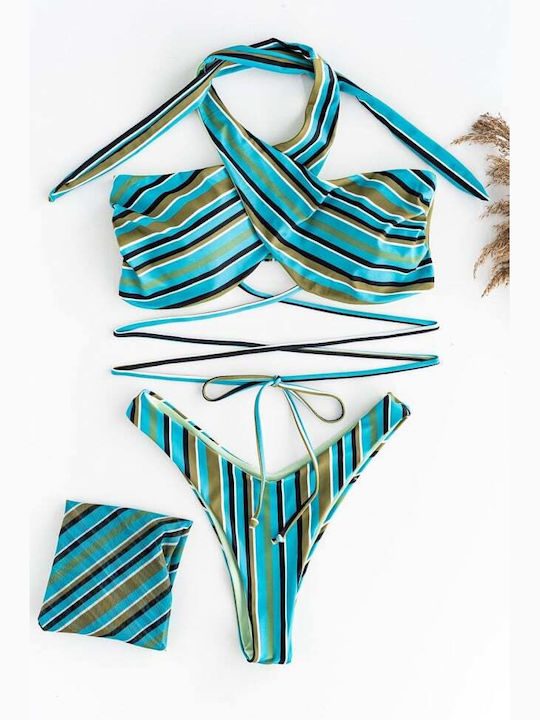 Set Bikini Set De Bikini Cu Burete Detașabil Cu Dungi Turcoaz