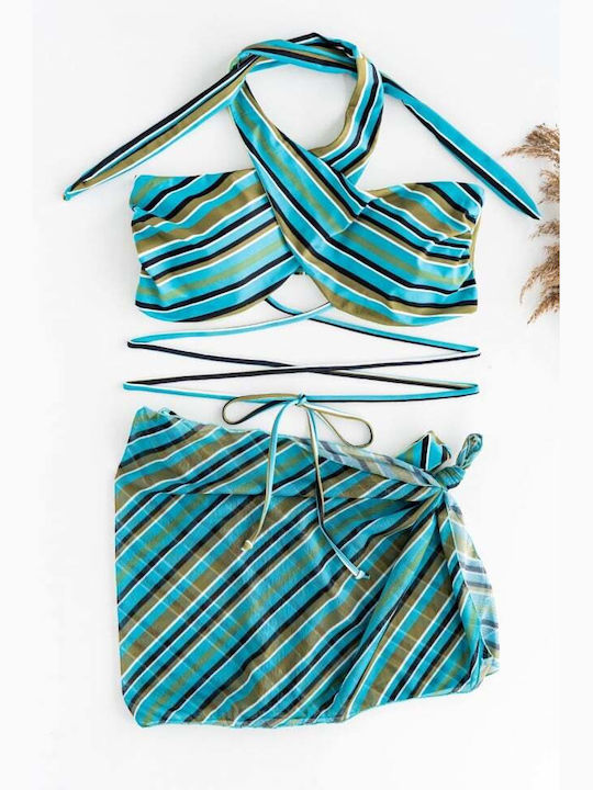 Set Bikini Set De Bikini Cu Burete Detașabil Cu Dungi Turcoaz