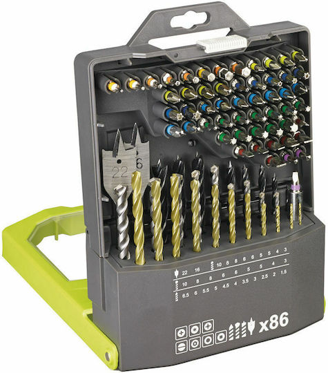 Ryobi Set of 86 Feather Drills HSS with Cylindrical Shank for Metal, Wood and Masonry