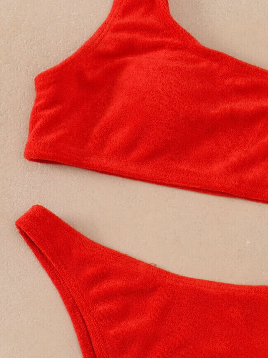 Bikini Set One Shoulder Top & Slip Bottom Terry Red