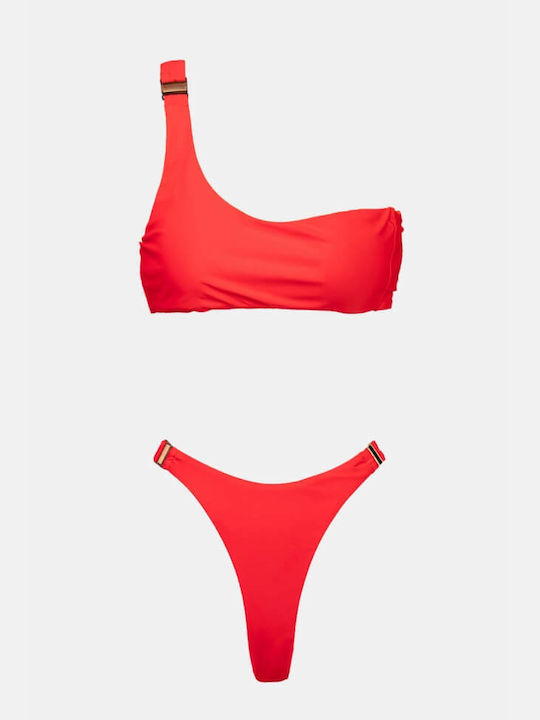 Luigi Padded Bikini Set One Shoulder Top & Brazil Bottom Red