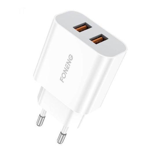 Foneng Charger with 2 USB-A Ports and Cable USB-C Whites (EU45)