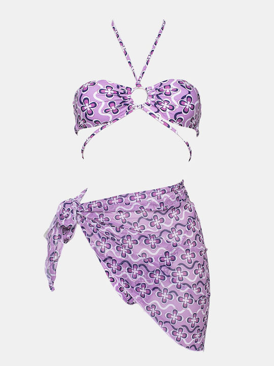 Bikini-Set 3 Stücke mit Abnehmbarer Verstärkung Brasilien Blumen Lila