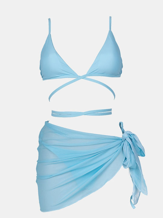 Set Bikini 3 Pieces Triangle with Removable Padding and Brazil High Waist Light Blue