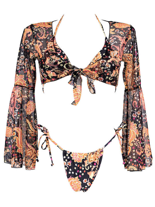 Set Bikini 3 Pieces Triangle with Removable Padding Brazil Floral Orange