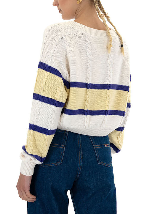 Tommy Hilfiger Women's Long Sleeve Crop Sweater Cotton with V Neckline Striped Beige