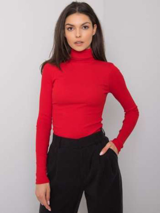 Rue Paris Damen Langarm Pullover Baumwolle Rollkragen Rot