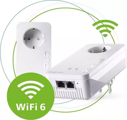 Devolo Magic 2 WiFi 6 Powerline Dual Kit Wi‑Fi 6 with Passthrough Socket and 2 Gigabit Ethernet Ports