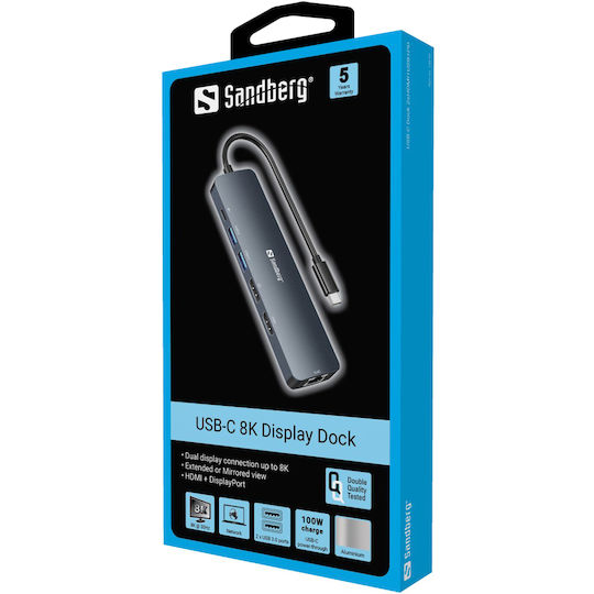 Sandberg USB-C Докинг станция с HDMI/DisplayPort 4K PD Ethernet Черен (136-43)